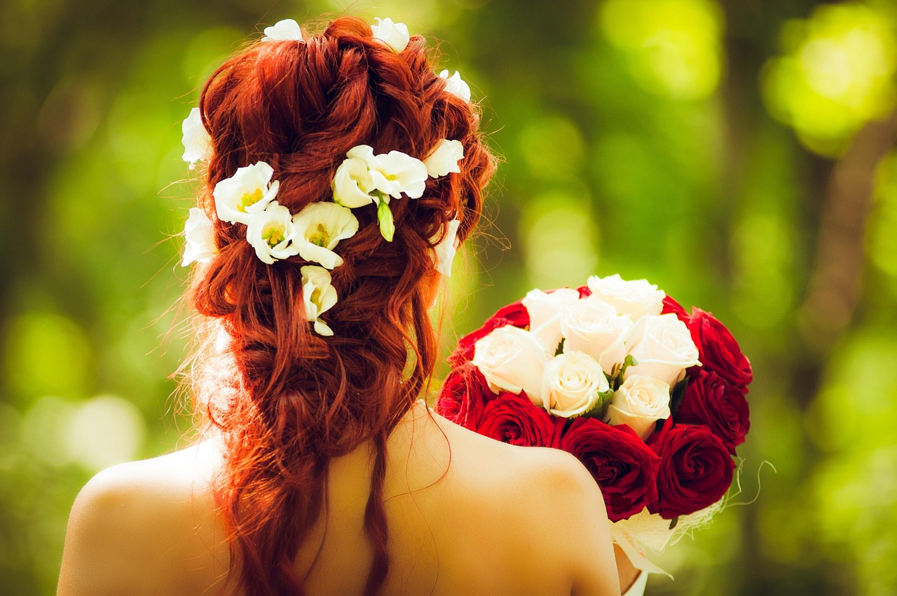 bride, wedding, redhead, flower wallpaper, red hair, floral wreath, beautiful flowers, hairstyle, flower background, flowers, marriage, decoration, nature, woman